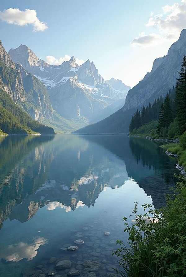 Paisaje de montañas verdes y lago tranquilo bajo cielo claro